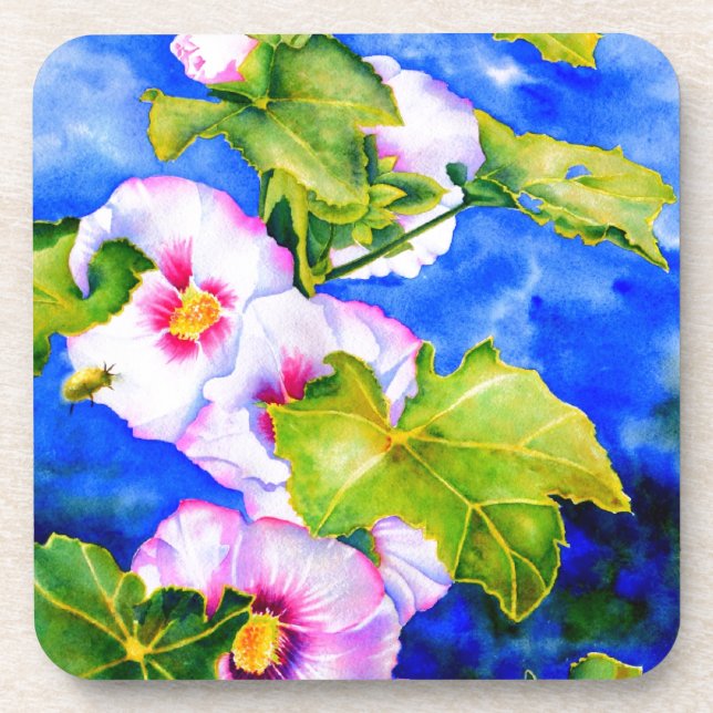 Elegant watercolor pink floral flowers Hollyhocks Coaster (Front)