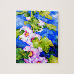 Elegant watercolor pink floral flowers Hollyhocks Jigsaw Puzzle