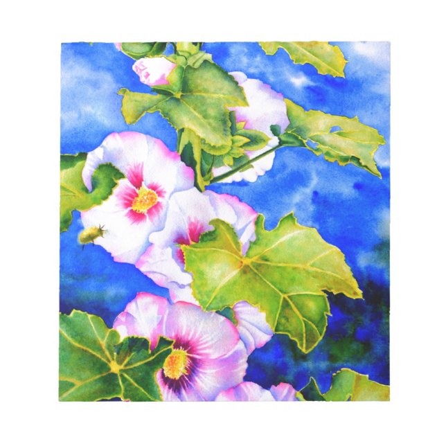 Elegant watercolor pink floral flowers Hollyhocks Notepad (Front)