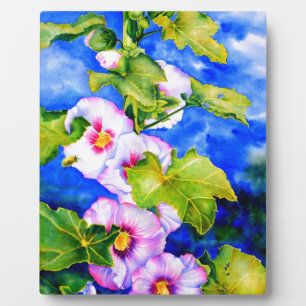 Elegant watercolor pink floral flowers Hollyhocks Plaque