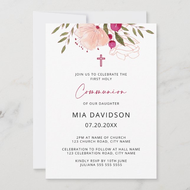 Elegant Watercolor Pink Floral Girl Communion Invi Invitation (Front)