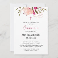 Elegant Watercolor Pink Floral Girl Communion Invi