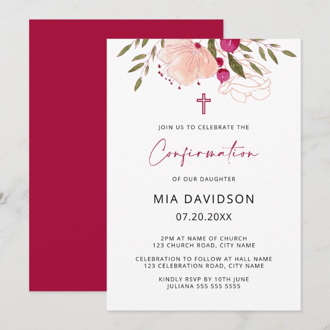 Elegant Watercolor Pink Floral Girl Confirmation Invitation (Front/Back)