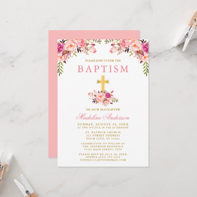 Elegant Watercolor Pink Floral Gold Baptism Invitation (Front/Back In Situ)