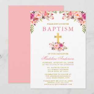 Elegant Watercolor Pink Floral Gold Baptism Invitation