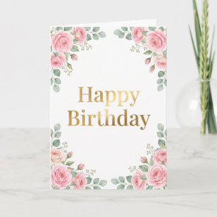 Elegant Watercolor Pink Floral Gold Happy Birthday Card