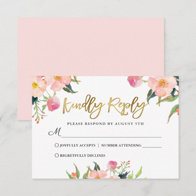 Elegant Watercolor Pink Floral Gold Script RSVP Card (Front/Back)