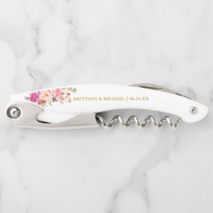 Elegant Watercolor Pink Floral Gold Wedding Corkscrew