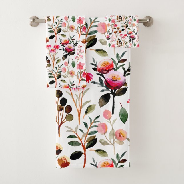 Elegant Watercolor Pink Floral Greenery Pattern Bath Towel Set (Insitu)