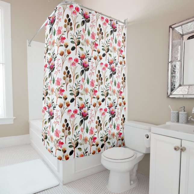 Elegant Watercolor Pink Floral Greenery Pattern Shower Curtain (In Situ)