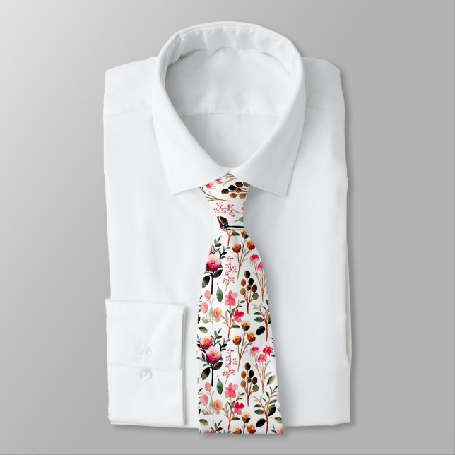 Elegant Watercolor Pink Floral Greenery Pattern  Tie (Tied)