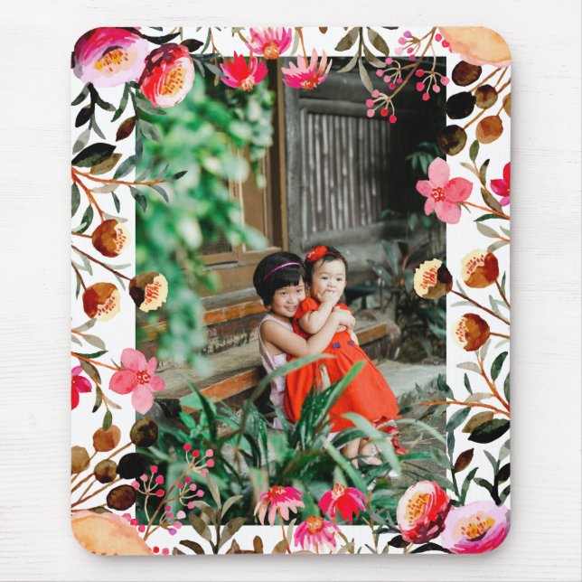 Elegant Watercolor Pink Floral Greenery Photo Mouse Mat (Front)