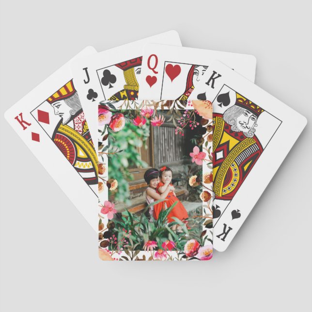 Elegant Watercolor Pink Floral Greenery Photo Playing Cards (Back)