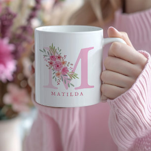 Elegant Watercolor Pink Floral Monogram Name Coffee Mug