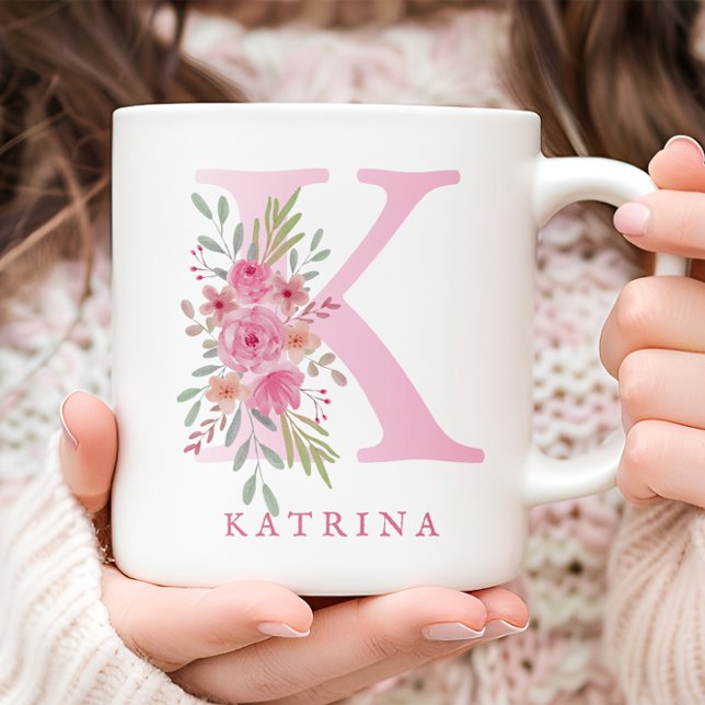 Elegant Watercolor Pink Floral Monogram Name Coffee Mug (Creator Uploaded)