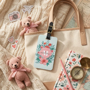Elegant Watercolor Pink Floral Monogram Name Luggage Tag