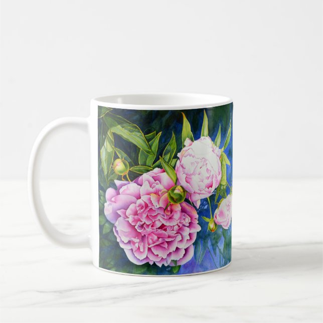 Elegant watercolor pink floral peonies coffee mug (Left)