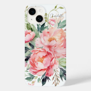 Elegant Watercolor Pink Floral Personalised Name Case-Mate iPhone 14 Case