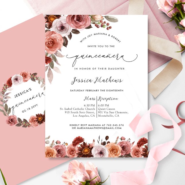 Elegant Watercolor Pink Floral Quinceañera  Invitation (Creator Uploaded)