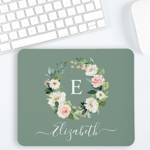 Elegant Watercolor Pink Floral Sage Green Monogram Mouse Mat