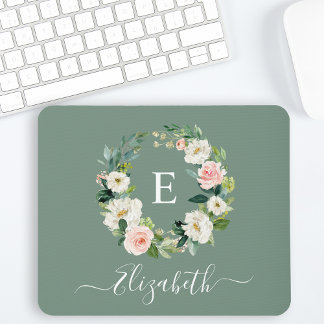 Elegant Watercolor Pink Floral Sage Green Monogram Mouse Mat