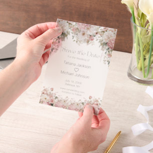 elegant watercolor pink floral save the date  vellum invitations