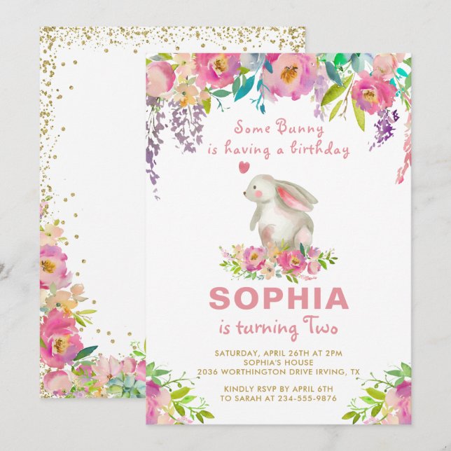 Elegant Watercolor Pink Floral Some Bunny Birthday Invitation (Front/Back)