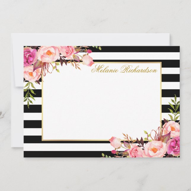 Elegant Watercolor Pink Floral Striped Card (Front)