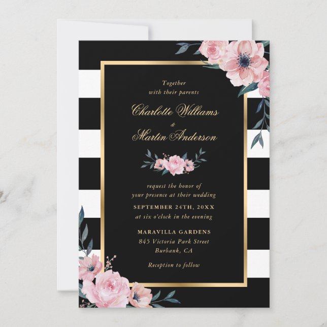Elegant Watercolor Pink Floral Striped Wedding Invitation (Front)