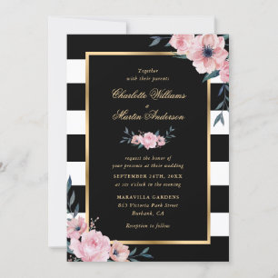 Elegant Watercolor Pink Floral Striped Wedding Invitation