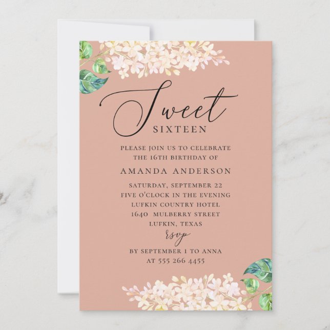Elegant watercolor pink floral sweet 16 birthday invitation (Front)