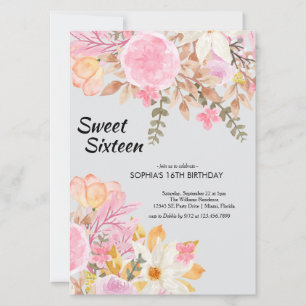 Elegant Watercolor Pink Floral Sweet Sixteen Invitation