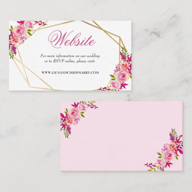 Elegant Watercolor PInk Floral Wedding Website Business Card (Front/Back)