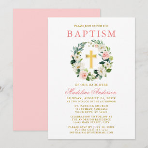 Elegant Watercolor Pink Floral Wreath Gold Baptism Invitation