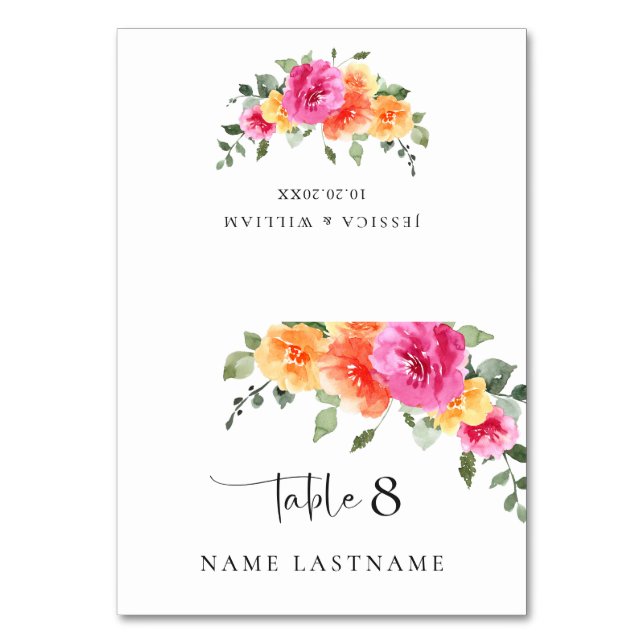 Elegant Watercolor Pink Flower Wedding Place Card (Front)