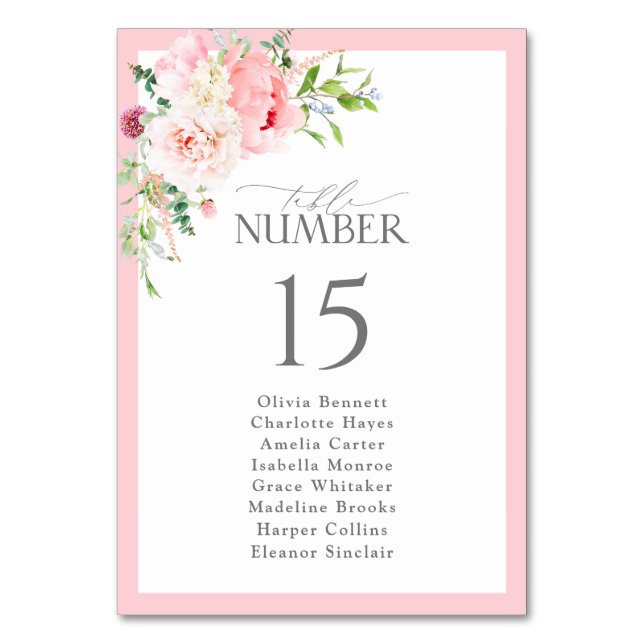 Elegant Watercolor Pink Flowers Bridal Shower Table Number (Front)