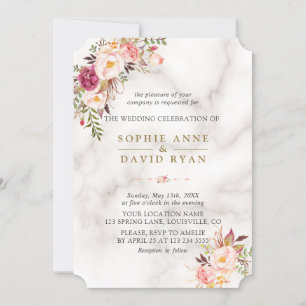 Elegant Watercolor Pink Flowers Marble Wedding Invitation