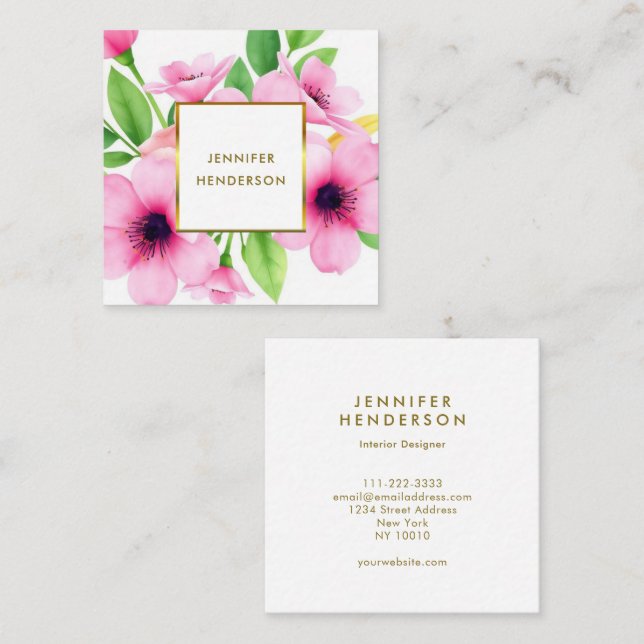 Elegant watercolor pink flowers professional square business card (Front/Back)