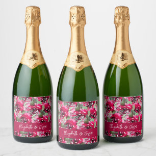 Elegant Watercolor Pink Flowers Wedding Sparkling Wine Label