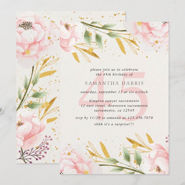 Elegant Watercolor Pink & Gold 45th Birthday Party Invitation (Front/Back)