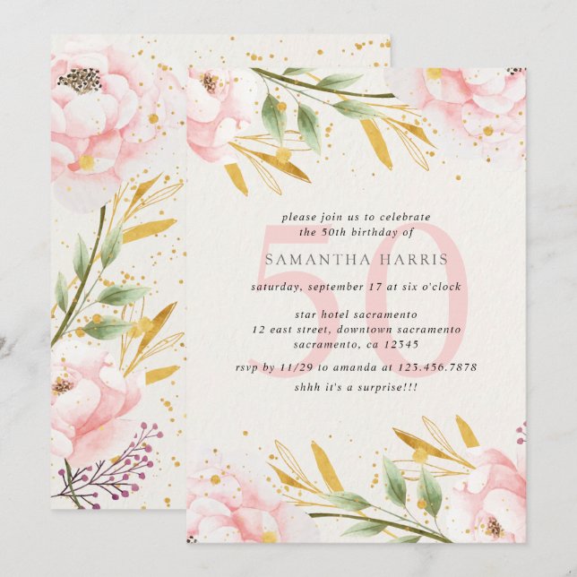 Elegant Watercolor Pink & Gold 50th Birthday Party Invitation (Front/Back)
