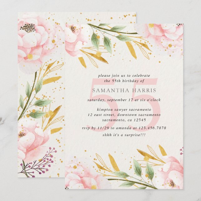 Elegant Watercolor Pink & Gold 55th Birthday Party Invitation (Front/Back)
