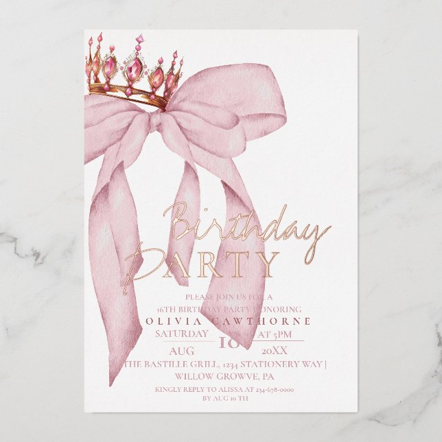 Elegant  Watercolor Pink Gold Bow Birthday Party (Front)