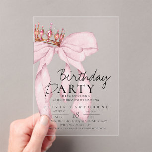 Elegant Watercolor Pink Gold Bow Birthday Party  Acrylic Invitations