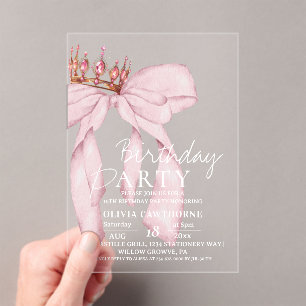 Elegant Watercolor Pink Gold Bow Birthday Party  Acrylic Invitations