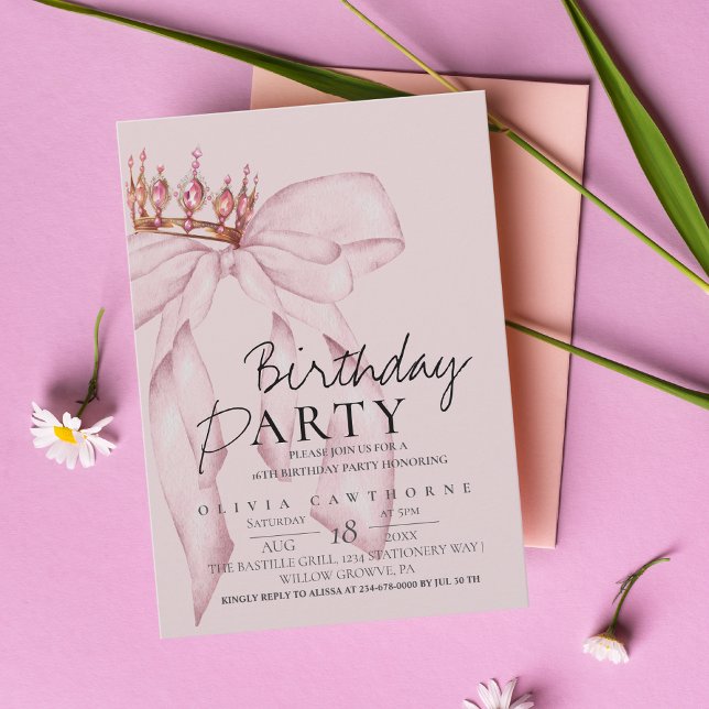 Elegant Watercolor Pink Gold Bow Birthday Party  Invitation (Creator Uploaded)