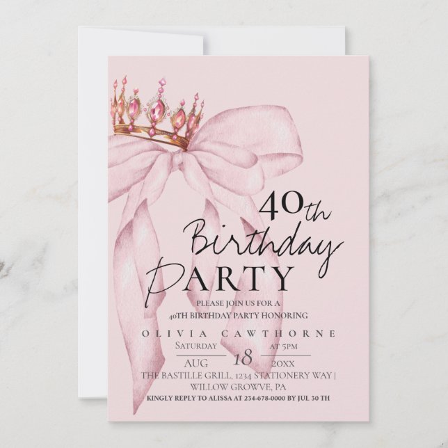 Elegant Watercolor Pink Gold Bow Birthday Party  Invitation (Front)