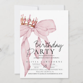 Elegant Watercolor Pink Gold Bow Birthday Party Invitation