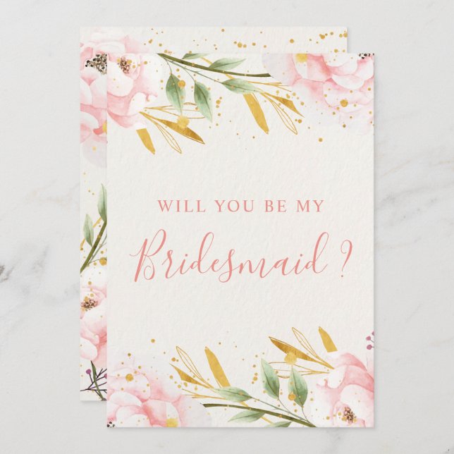 Elegant Watercolor Pink & Gold Bridesmaid Proposal Invitation (Front/Back)