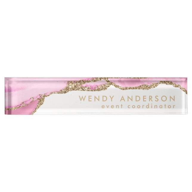 Elegant Watercolor Pink Gold Glitter Agate Nameplate (Front)